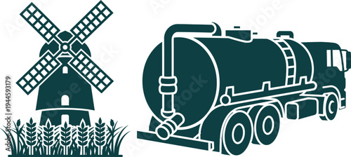 Teal windmill and water truck icons with wheat stalks and grass tanker truck agriculture