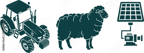 Tractor sheep and solar powered water pump icons on white background farm agriculture