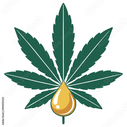 Cannabis leaf with golden resin droplet illustration