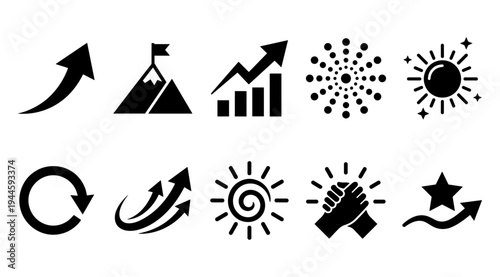 A collection of black and white icons representing business growth, success, and progress on a clean white background, perfect for use in presentations, reports, and marketing materials.