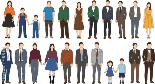 Diverse people, men, women and children in different casual and formal fashion outfits, standing characters collection, flat vector illustration,