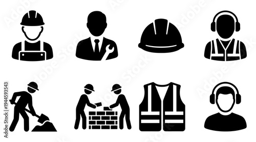 A set of black silhouettes depicting construction workers, safety gear, and labor actions on a clean white background, conveying industry and protection.