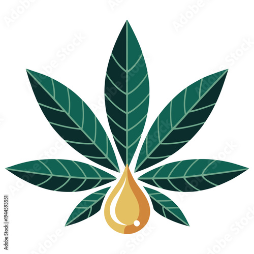 Stylized depiction of a cannabis leaf with a golden resin drop at its center