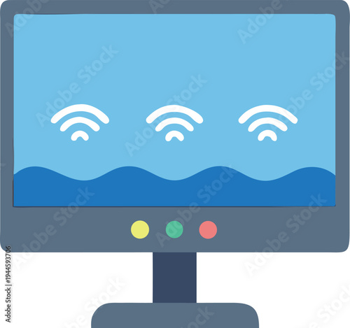Computer Monitor Displaying Wireless Signal Waves Over Blue Water Illustration