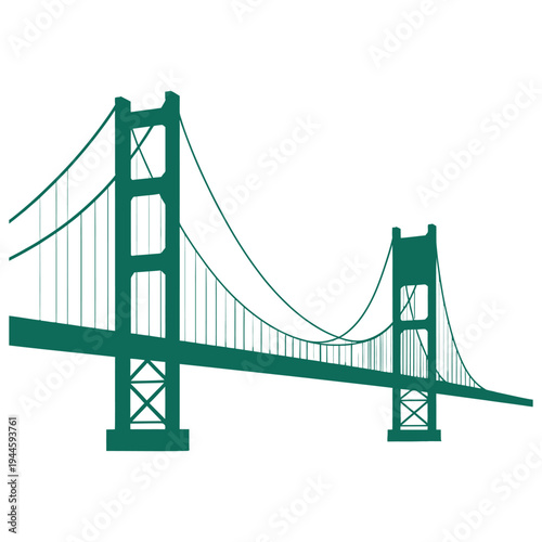 Iconic green suspension bridge spanning a body of water with towering support structures.