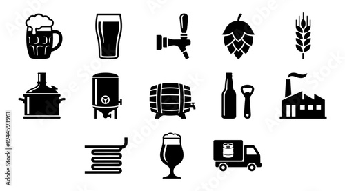 A collection of black and white icons related to beer and brewery industry, including beer glasses, hops, barrels, bottles, and delivery trucks, on a clean white background.