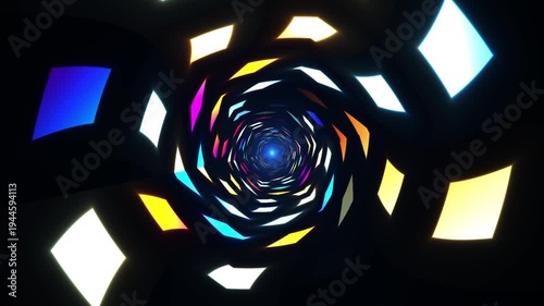 Psychedelic VJ Loop with Colorful Neon Light Shapes Moving in a Tunnel