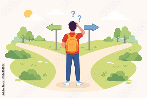 Confused boy with backpack standing at a fork in the road making a life decision, flat vector illustration of a person at a crossroads choosing between two paths with directional signposts.