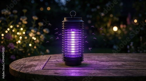 Bug zapper lantern attracting mosquitoes with purple UV light in nighttime garden, effective insect control device on wooden table surrounded by flowers and fireflies