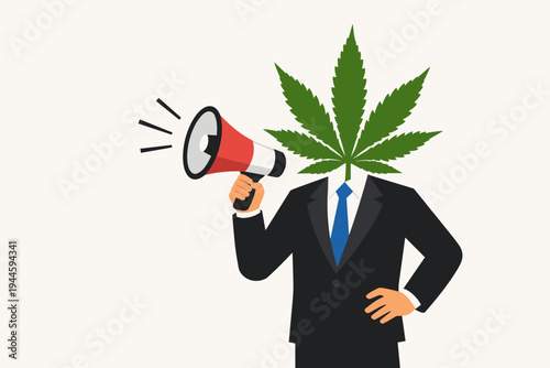 Business man in a suit with a cannabis leaf head holding a megaphone making an announcement. Concept of legal marijuana industry, corporate weed business, drug policy advocacy and marketing.