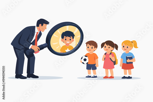 Businessman Recruiter Using Magnifying Glass to Identify Talented Children for Future Career Success, Concept of Talent Scouting, Human Resources, Early Education, and Identifying Potential