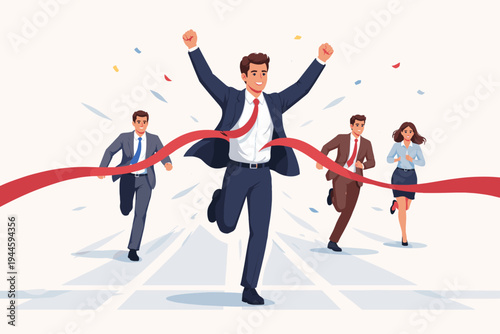 Vector illustration of a triumphant businessman crossing the finish line and tearing a red ribbon to win a race, followed by diverse competitors in suits, celebrating victory and career success.