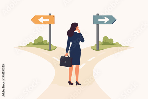 Businesswoman in Suit Standing at a Crossroads with Briefcase Making a Career Decision Choosing Between Two Directions with Signposts and Arrows, Concept of Professional Path and Opportunity