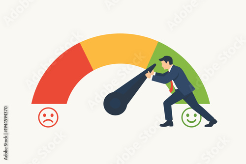 Businessman pushing scale arrow from poor to good credit score rating. Vector illustration of a man improving customer satisfaction or performance feedback on a gauge meter with emoji icons.
