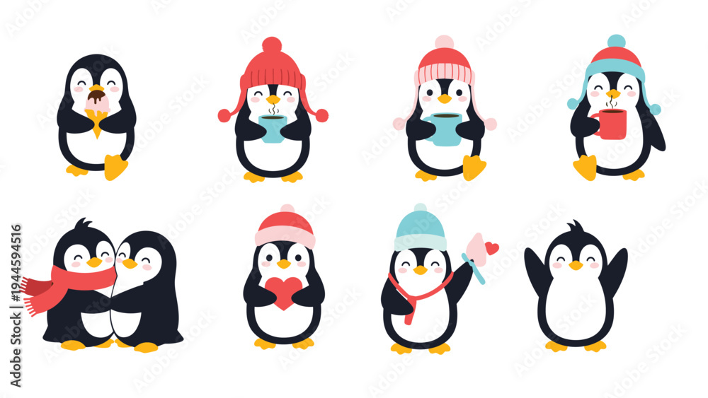 Fototapeta premium Collection of adorable cartoon penguins wearing colorful winter hats and scarves while enjoying hot drinks and holiday cheer.