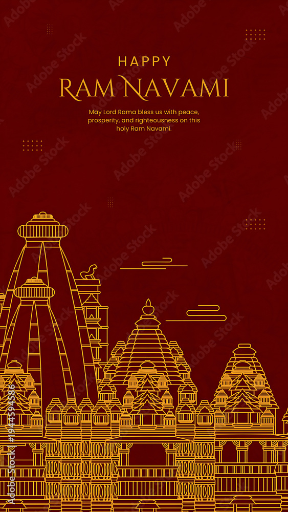 Naklejka premium Elegant Happy Shri Ram Navami Wishes Illustration With Lord Rama And Sacred Temple Background