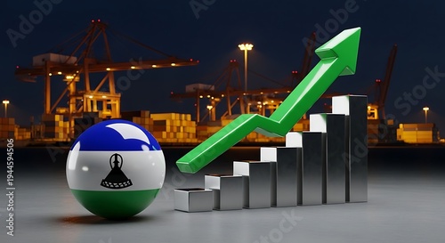 A 3D rendering of the Lesotho flag sphere with a green arrow graph rising