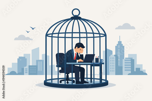 Sad businessman working at a desk inside a birdcage with a city skyline background. Concept of corporate burnout, lack of freedom, and work-life balance issues in a simple flat vector style.