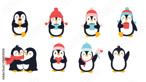 Collection of adorable cartoon penguins wearing colorful winter hats and scarves while enjoying hot drinks and holiday cheer.