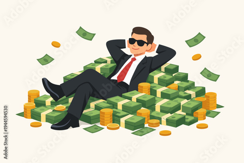 Successful businessman in a suit and sunglasses relaxing on a massive pile of money and gold coins, flat vector illustration of financial freedom, wealth, prosperity, and rich lifestyle.