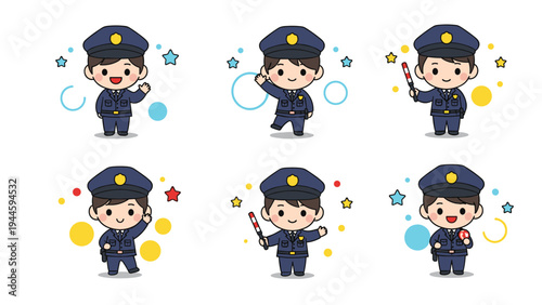 Set of cute cartoon male police officers in blue uniforms performing various actions like waving and holding a traffic baton.