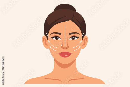 Vector Illustration of a Beautiful Woman Face with Markings for Plastic Surgery Procedures Including Rhinoplasty, Facelift, Blepharoplasty, and Otoplasty for Cosmetic Enhancement and Rejuvenation