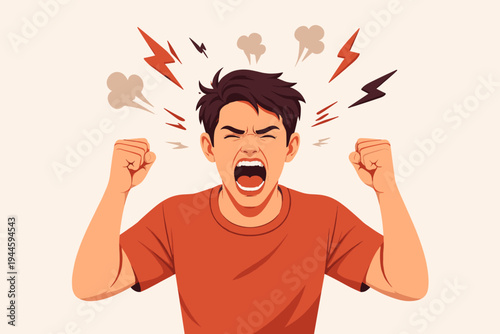 Vector illustration of an angry young man screaming in frustration with clenched fists and steam coming out of his head, representing stress, rage, and mental health issues in a flat design style.