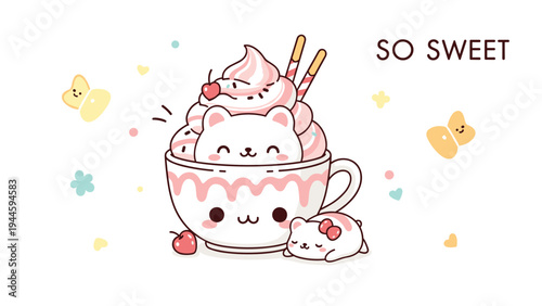 Adorable white cartoon bear character sitting inside a large teacup topped with whipped cream and cherries with a so sweet text.