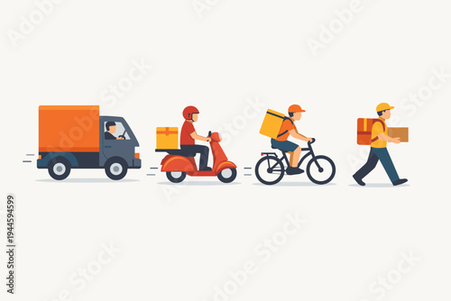 Flat Vector Illustration of Various Delivery Methods Featuring a Truck, Motor Scooter, Bicycle, and Walking Courier Carrying Packages for Logistics, Shipping, E-commerce, and Express Service.
