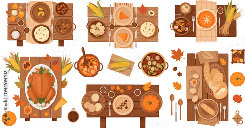 Thanksgiving Feast Table Top View Vector Illustration Set with Roast Turkey, Pumpkin Pie, Bread, Corn, Autumn Leaves, and Harvest Dinner Food