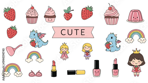 Extensive collection of cute icons including strawberries, cupcakes, small dragons, princesses, rainbows, and makeup items.