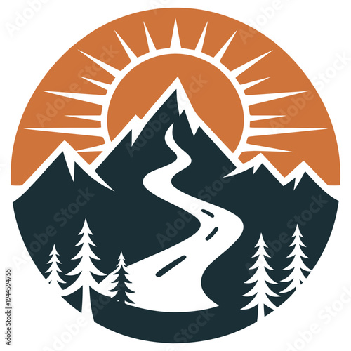 Scenic mountain landscape with a rising sun and winding trail