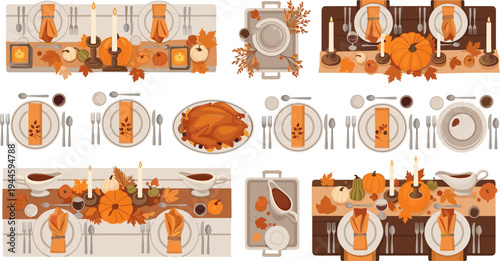 Thanksgiving Dinner Table Setting Vector Illustration Set with Roast Turkey, Pumpkins, Candles, Autumn Leaves, Plates, Cutlery, and Festive Harvest Decorations