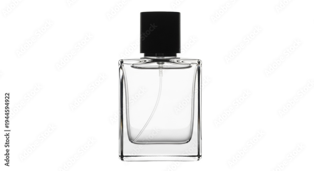 Obraz premium Elegant clear glass perfume bottle with black cap isolated PNG, minimalist fragrance container on transparent background for beauty and fashion design
