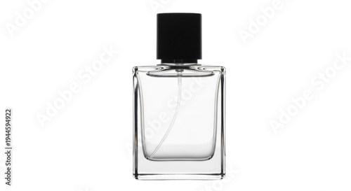 Foto Elegant clear glass perfume bottle with black cap isolated PNG, minimalist fragr