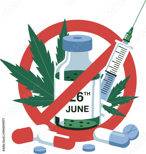 International Day Against Drug Abuse Illustration with Syringe, Pills, and Cannabis Leaf in Prohibition Sign