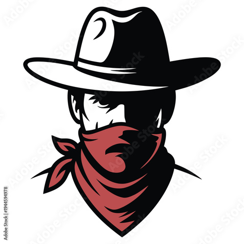 Mysterious cowboy with a bandana covering his face and wearing a wide-brimmed hat