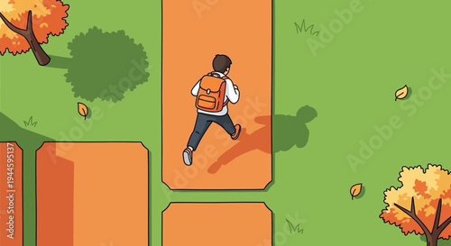 An overhead illustration shows a person with an orange backpack walking on an autumn path, surrounded by green grass and trees with colorful fall leaves.