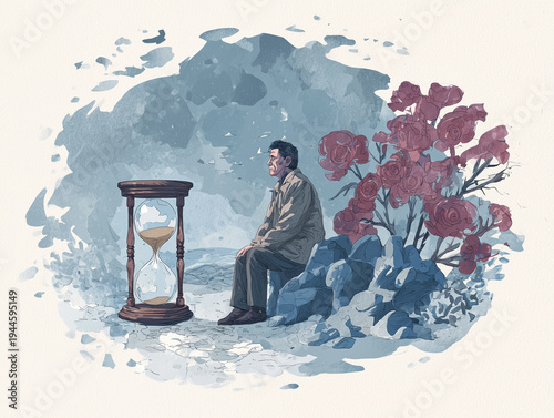 llustration of men aging over time with a clock symbolizing the passage of time
