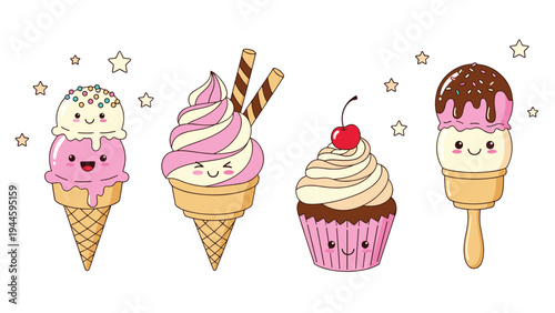 Collection of four adorable cartoon dessert treats featuring double-scoop ice cream cones, a soft serve cone, and a cherry cupcake.
