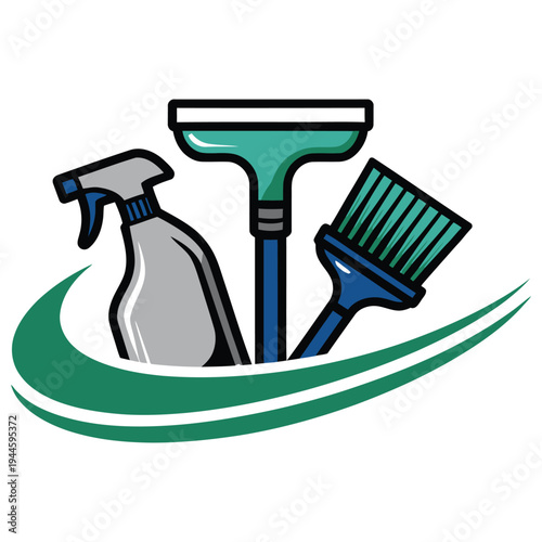 Cleaning tools arranged over a green wave background