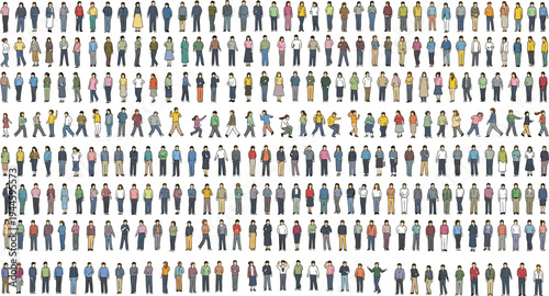 Diverse tiny people characters standing, walking, talking, casual clothes, isometric crowd, human community, society, flat vector illustration, social group.