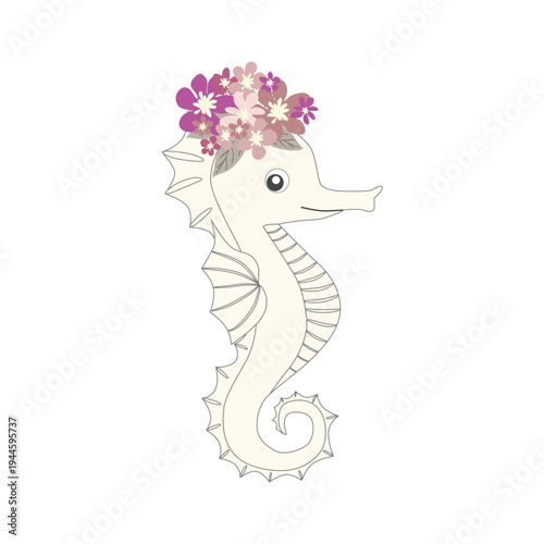 Underwater inhabitants in boho style. Vector illustration animals with flowers. Whale, dolphin, jellyfish, seahorse, turtle, shark, octopus, crab, snail, stingray, fish