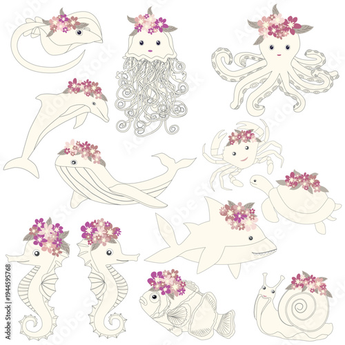Underwater inhabitants in boho style. Vector illustration animals with flowers. Whale, dolphin, jellyfish, seahorse, turtle, shark, octopus, crab, snail, stingray, fish