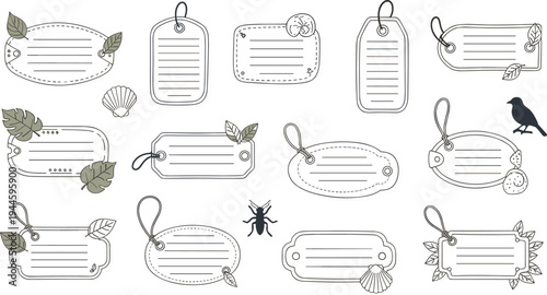 Vintage style paper tag vector collection with hand drawn leaves and seashells for wedding favors price labels gift packaging and rustic botanical stationery design elements.