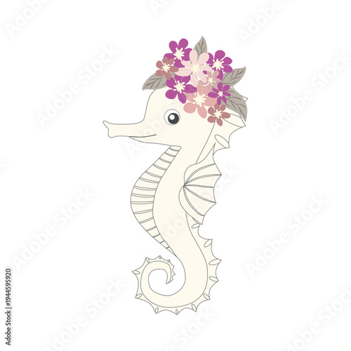 Underwater inhabitants in boho style. Vector illustration animals with flowers. Whale, dolphin, jellyfish, seahorse, turtle, shark, octopus, crab, snail, stingray, fish