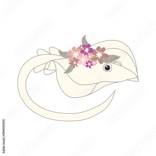 Underwater inhabitants in boho style. Vector illustration animals with flowers. Whale, dolphin, jellyfish, seahorse, turtle, shark, octopus, crab, snail, stingray, fish