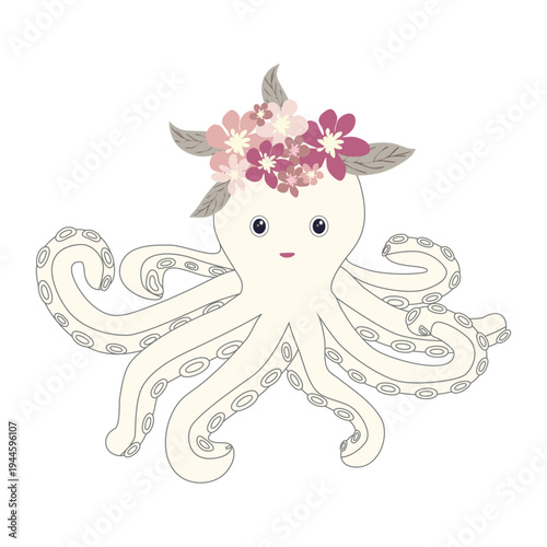 Underwater inhabitants in boho style. Vector illustration animals with flowers. Whale, dolphin, jellyfish, seahorse, turtle, shark, octopus, crab, snail, stingray, fish