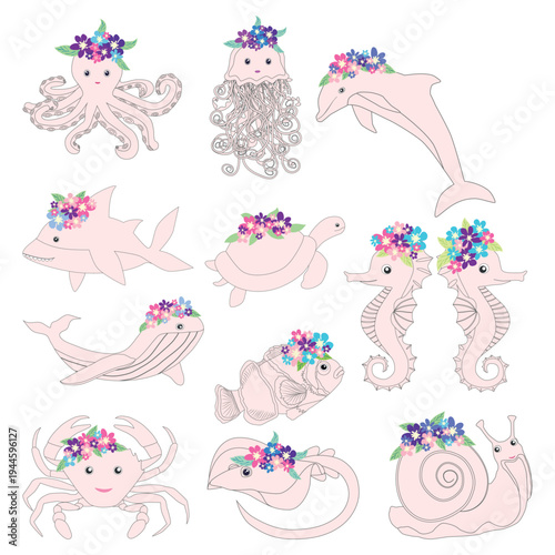Underwater inhabitants in boho style. Vector illustration animals with flowers. Whale, dolphin, jellyfish, seahorse, turtle, shark, octopus, crab, snail, stingray, fish