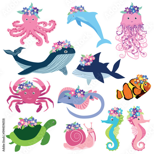 Underwater inhabitants in boho style. Vector illustration animals with flowers. Whale, dolphin, jellyfish, seahorse, turtle, shark, octopus, crab, snail, stingray, fish